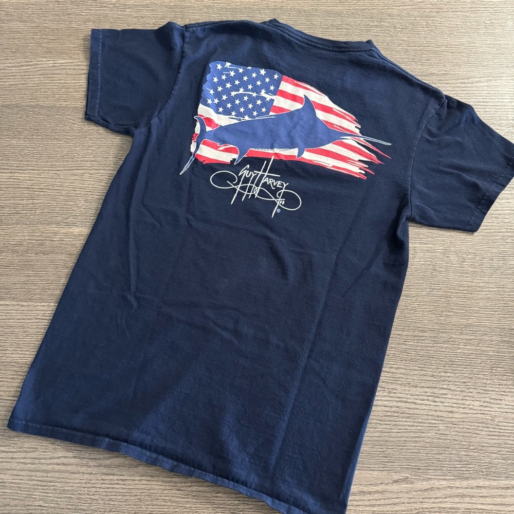 Guy Harvey Men’s T-Shirt Size S Blue Short Sleeve Graphic Tee American Flag